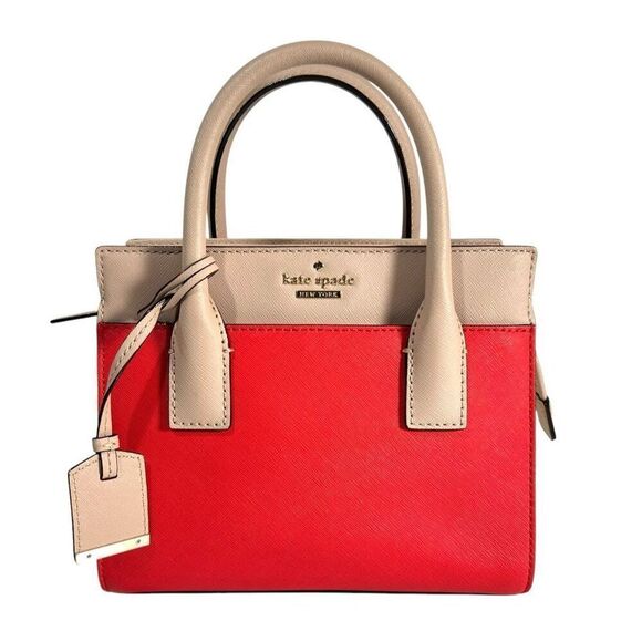 Kate Spade Leather Satchel Purse Bag Saffiano Red & Beige Colorblock Style - Picture 1 of 12